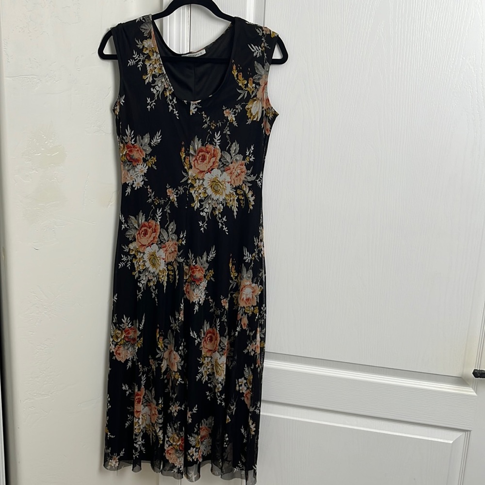 Black floral Medium Tash + Sophie Strech lined mesh dress